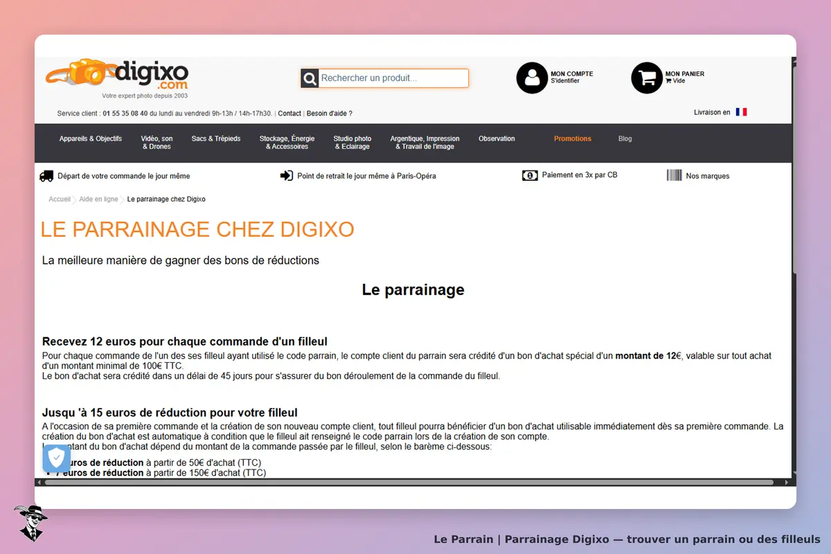 Digixo : page sur le parrainage avec informations sur les réductions et conditions d'inscription