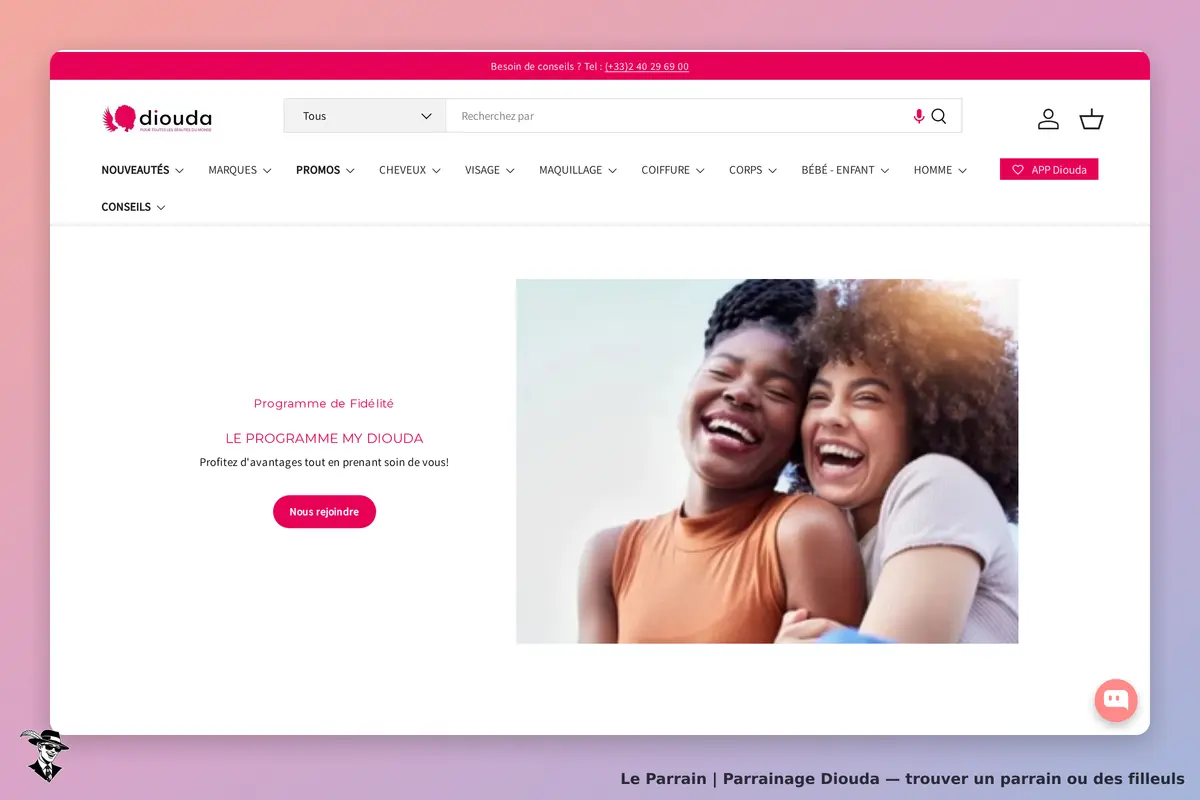 Diouda : page d'accueil avec le programme de fidélité et deux femmes souriantes