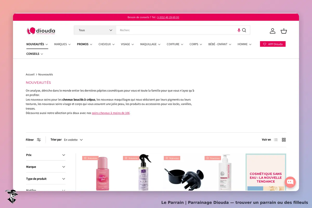 Diouda : page des nouveautés avec produits cosmétiques et options de filtrage visibles
