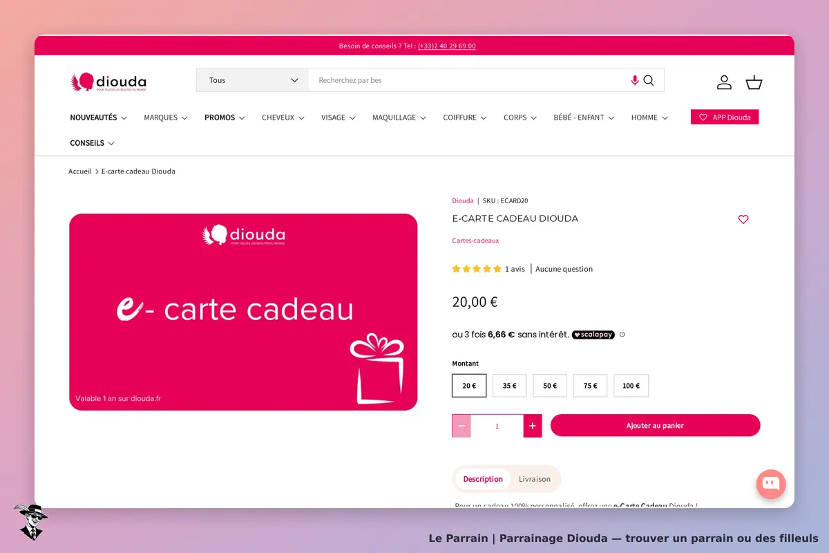 Diouda : page produit pour une e-carte cadeau avec options de montant et avis client