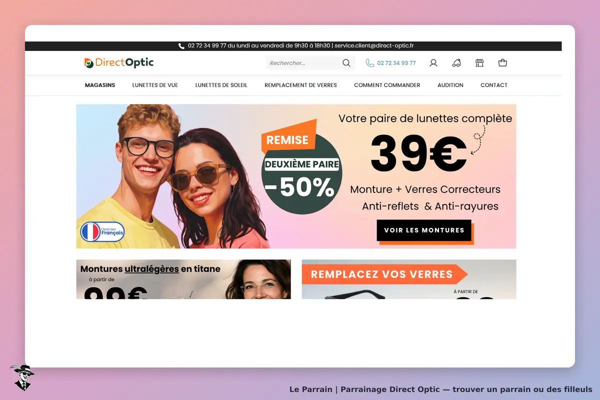 Direct Optic : page d'accueil avec deux personnes souriantes portant des lunettes de soleil