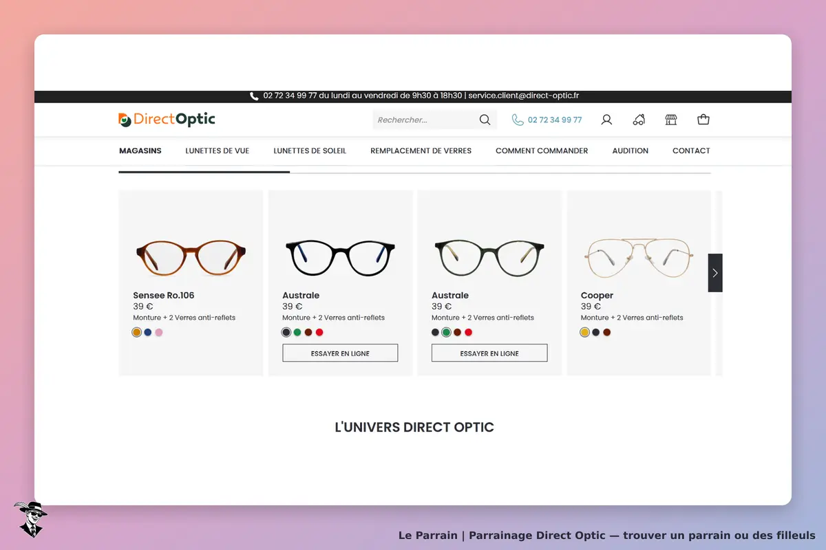 Direct Optic : quatre modèles de lunettes avec options de couleurs et boutons d'essai en ligne