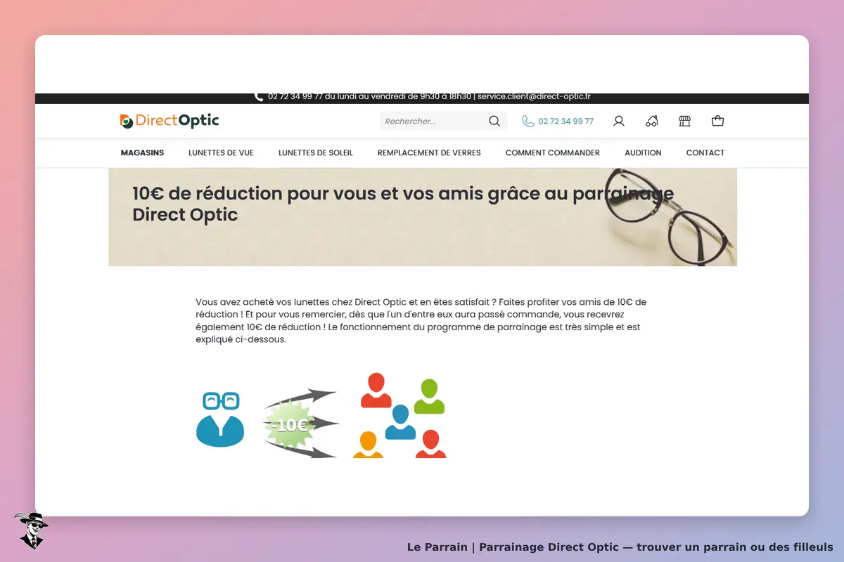 Direct Optic : page d'accueil avec texte sur le parrainage et lunettes posées sur une surface