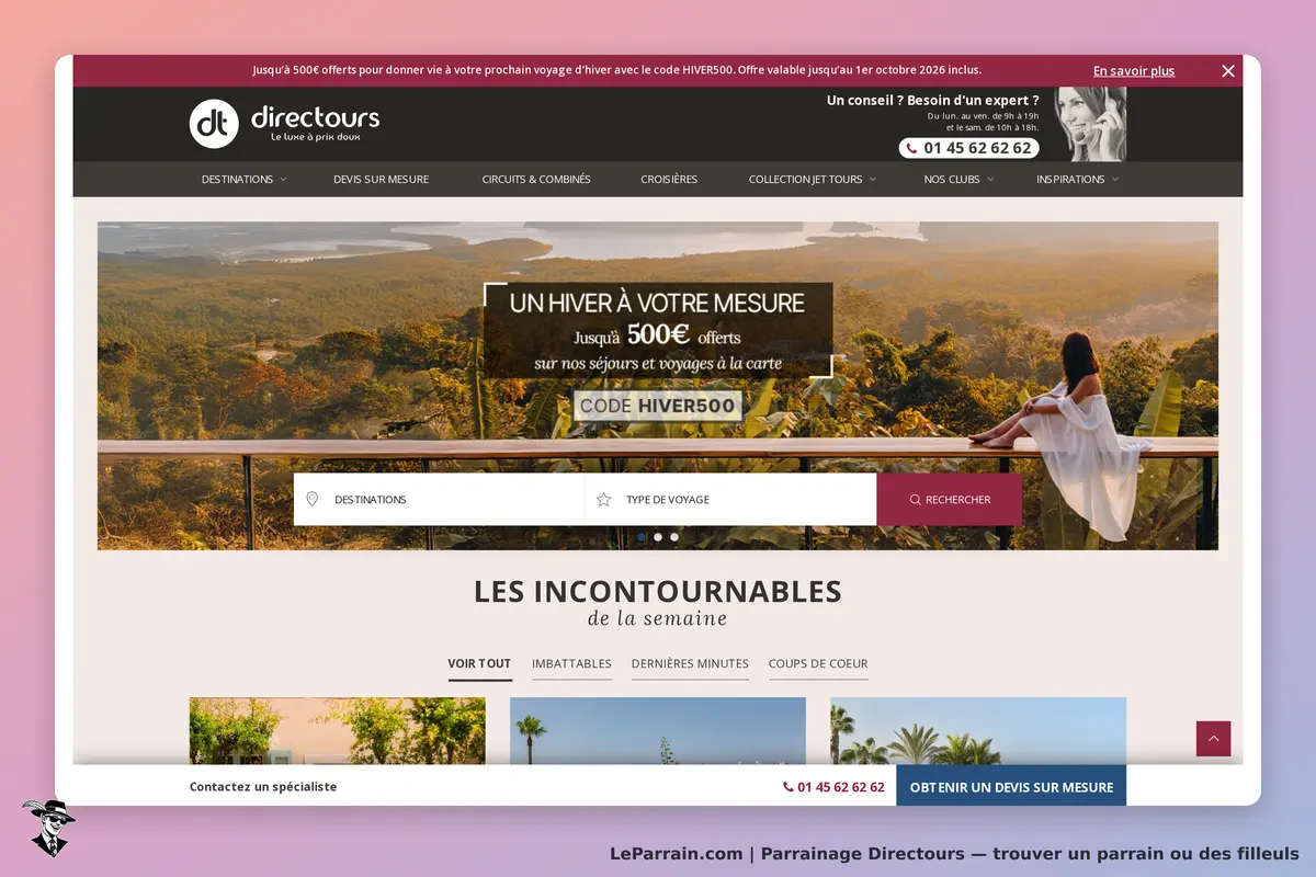 Directours : page d'accueil avec une vue panoramique et un formulaire de recherche de voyages