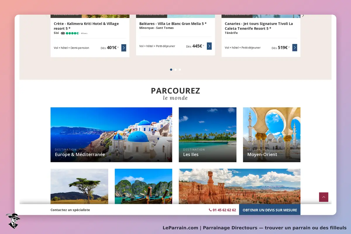 Directours : page d'accueil avec destinations et images de paysages variés