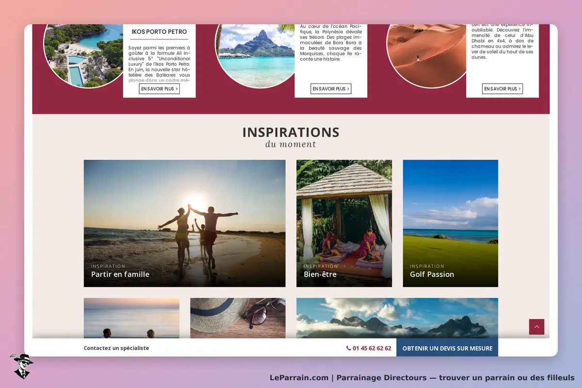 Directours : page d'accueil avec inspirations de voyages et images de famille, bien-être et golf