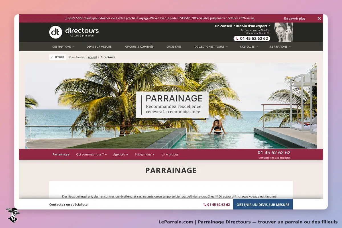 Directours : page d'accueil avec une piscine et un message sur le parrainage en surimpression
