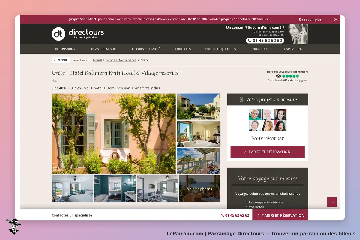 Directours : page produit pour l'Hôtel Kalimera Kriti en Crète avec images et informations