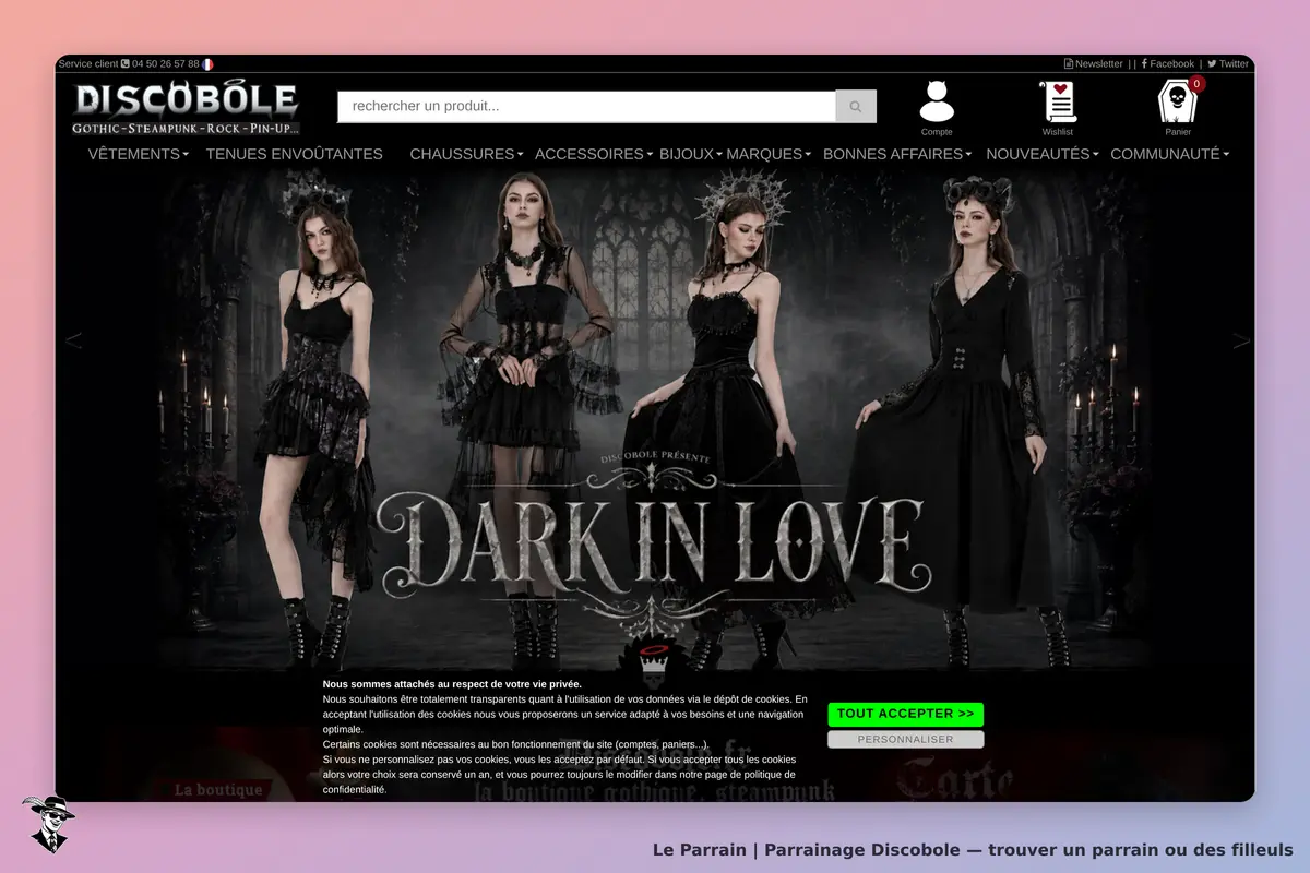 Discobole : page d'accueil présentant des modèles de vêtements gothiques et steampunk