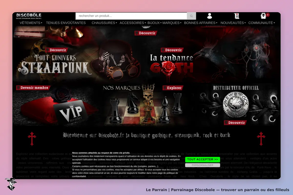 Discobole : page d'accueil avec des sections sur le style steampunk et gothique