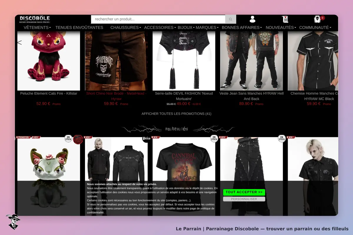 Discobole : page d'accueil avec divers vêtements et accessoires gothiques affichés
