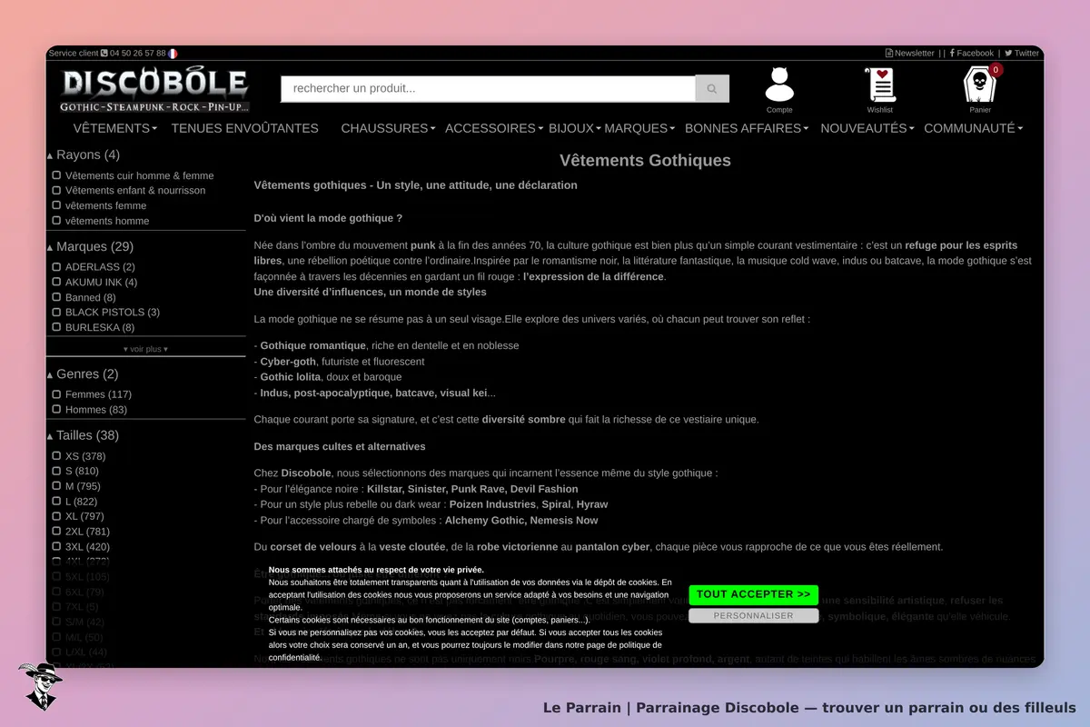 Discobole : page catégorie avec vêtements gothiques, marques, genres et tailles affichés