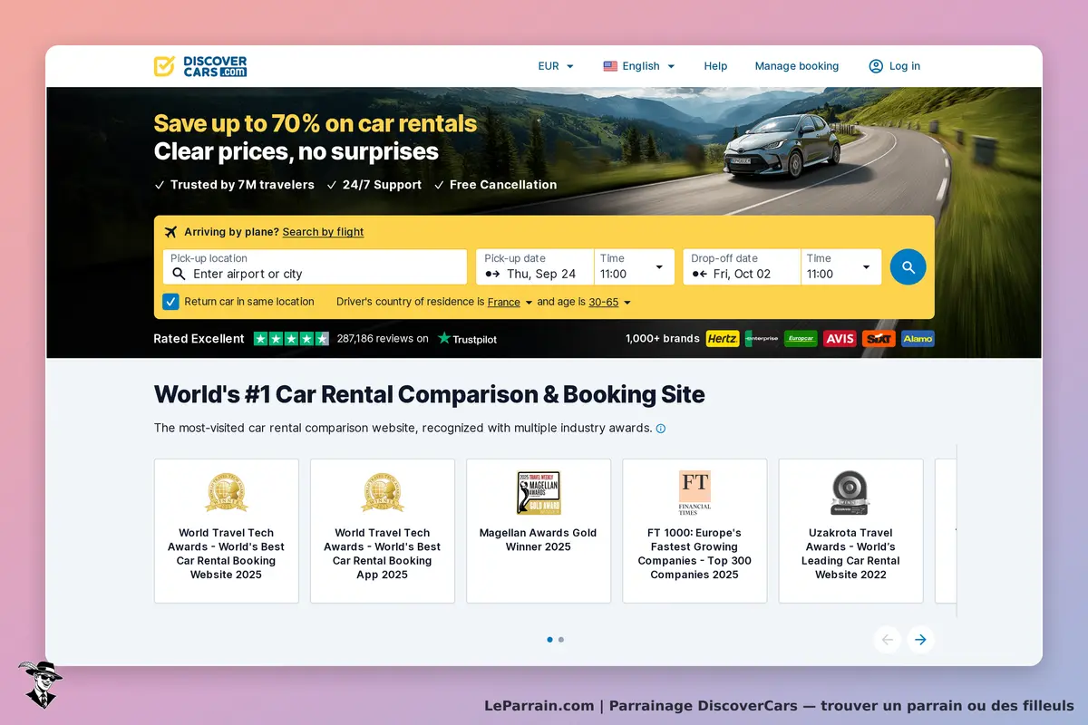 DiscoverCars : page d'accueil avec formulaire de location et récompenses affichées