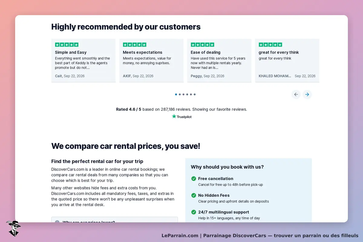 DiscoverCars : avis clients avec évaluations, comparaison de prix et avantages du service