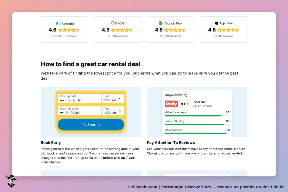 DiscoverCars : page d'accueil avec formulaire de location de voiture et évaluations des
