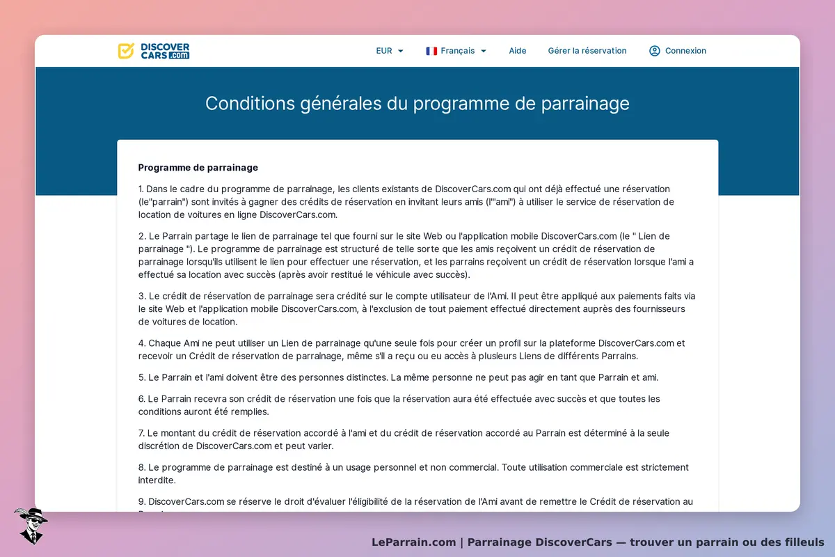 DiscoverCars : conditions générales du programme de parrainage avec détails sur les crédits