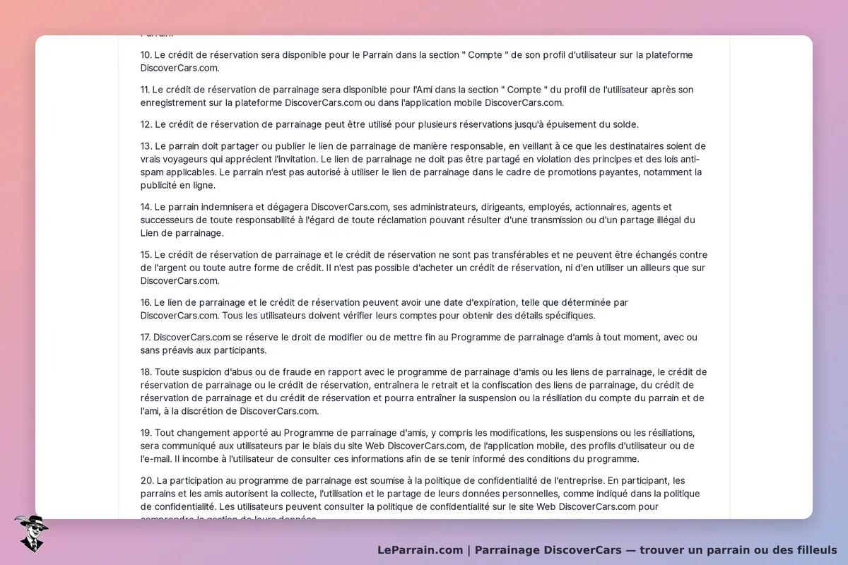 DiscoverCars : texte explicatif sur le programme de parrainage et ses conditions d'utilisation