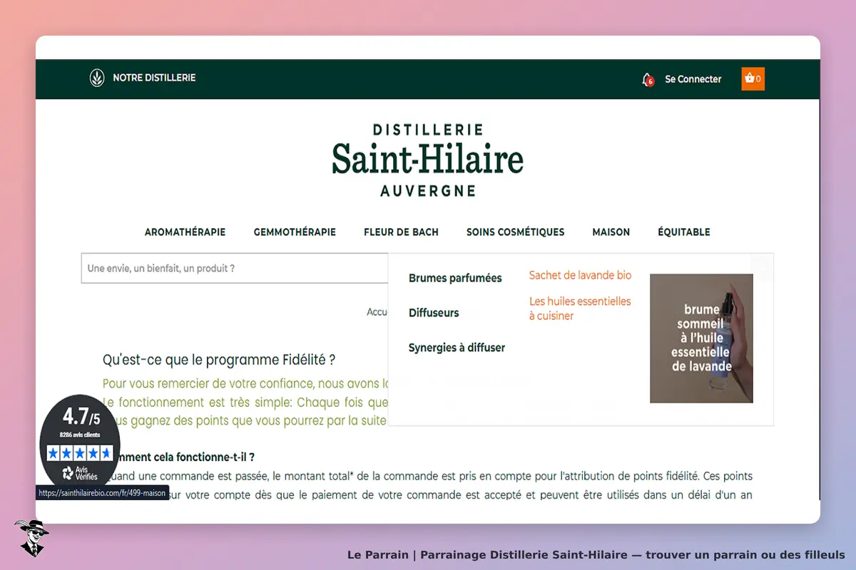 Distillerie Saint-Hilaire : page d'accueil avec navigation et présentation de produits aromatiques