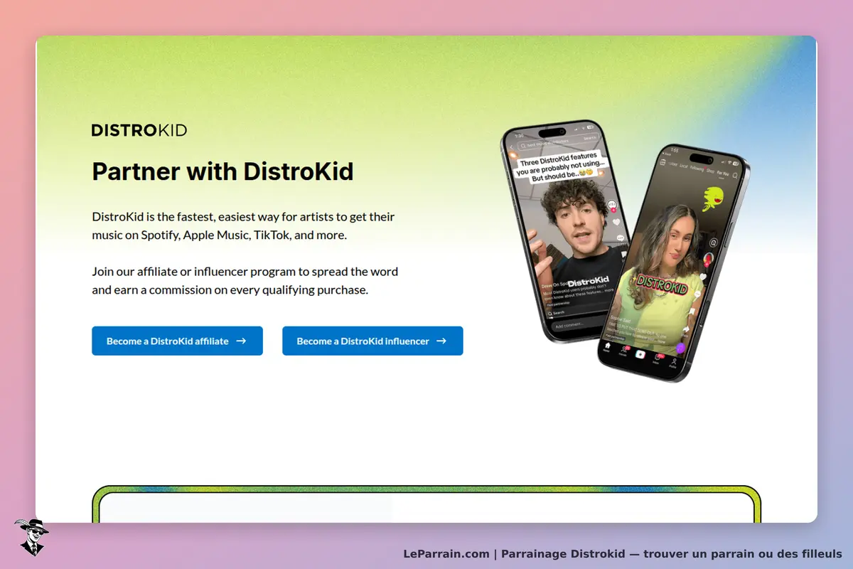 DistroKid : page d'accueil avec deux smartphones affichant des vidéos et des boutons d'inscription