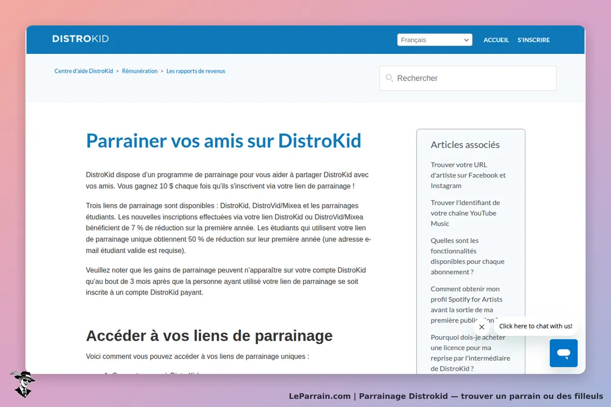 DistroKid : page d'accueil sur le parrainage avec explications et articles associés