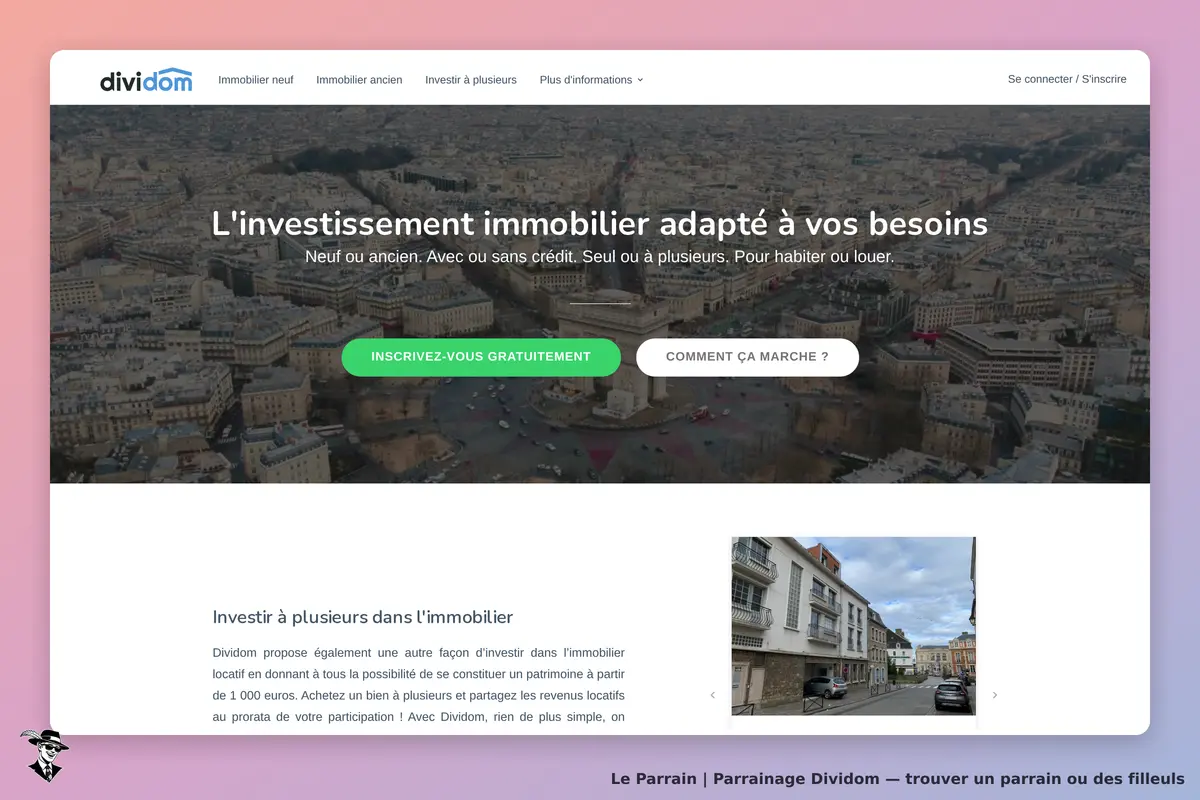 Dividom : page d'accueil présentant des options d'investissement immobilier et un formulaire