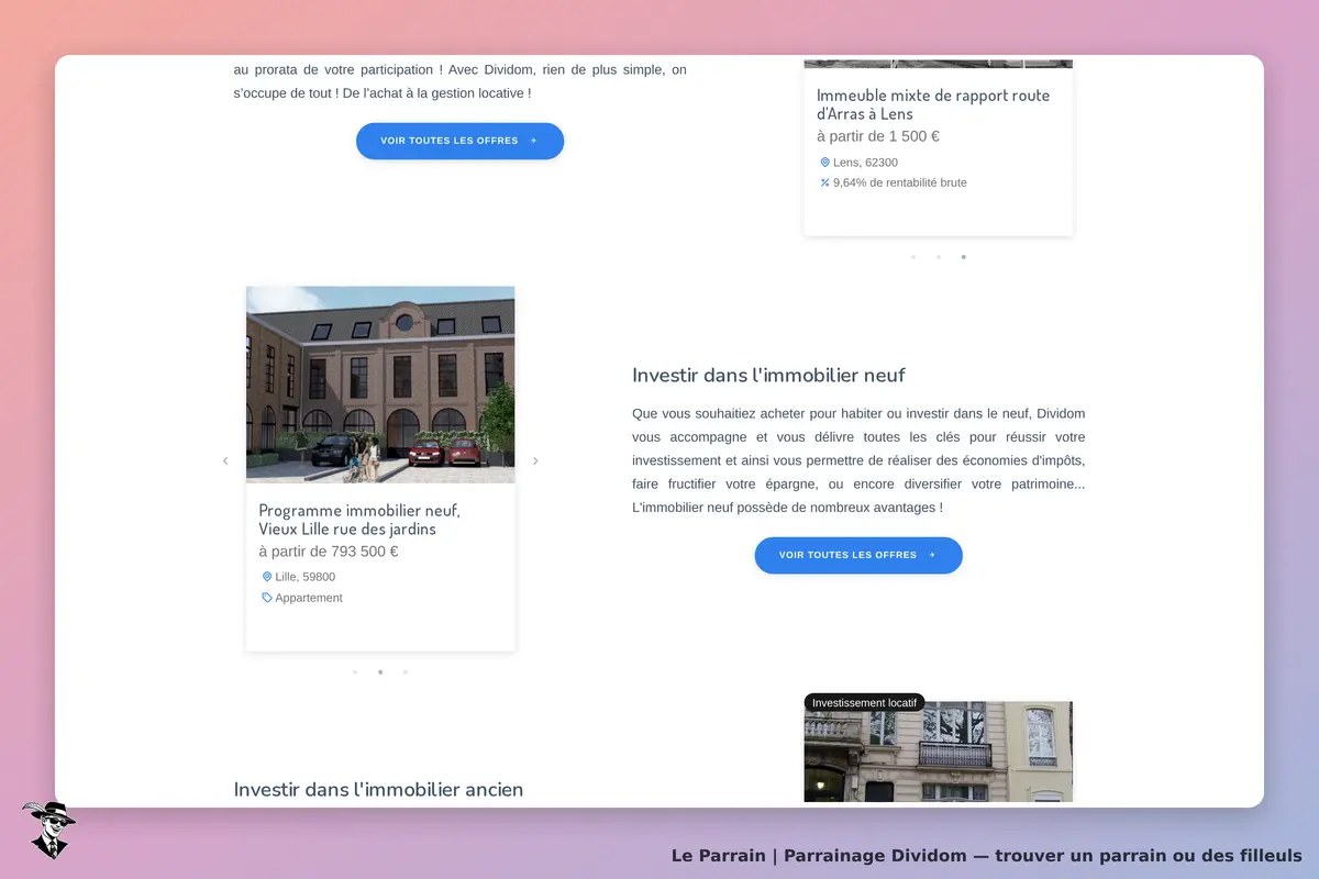 Dividom : page d'accueil présentant des programmes immobiliers neufs et anciens