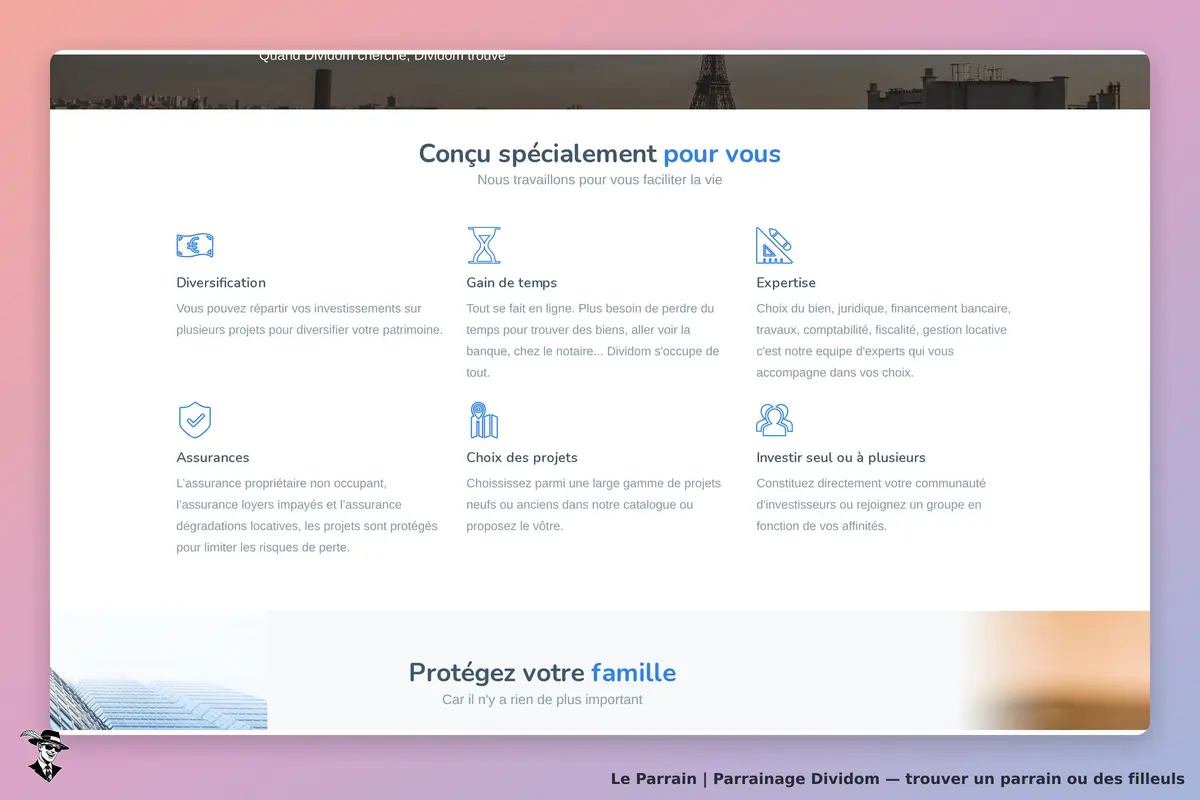 Dividom : page d'accueil présentant des services et avantages pour les investisseurs