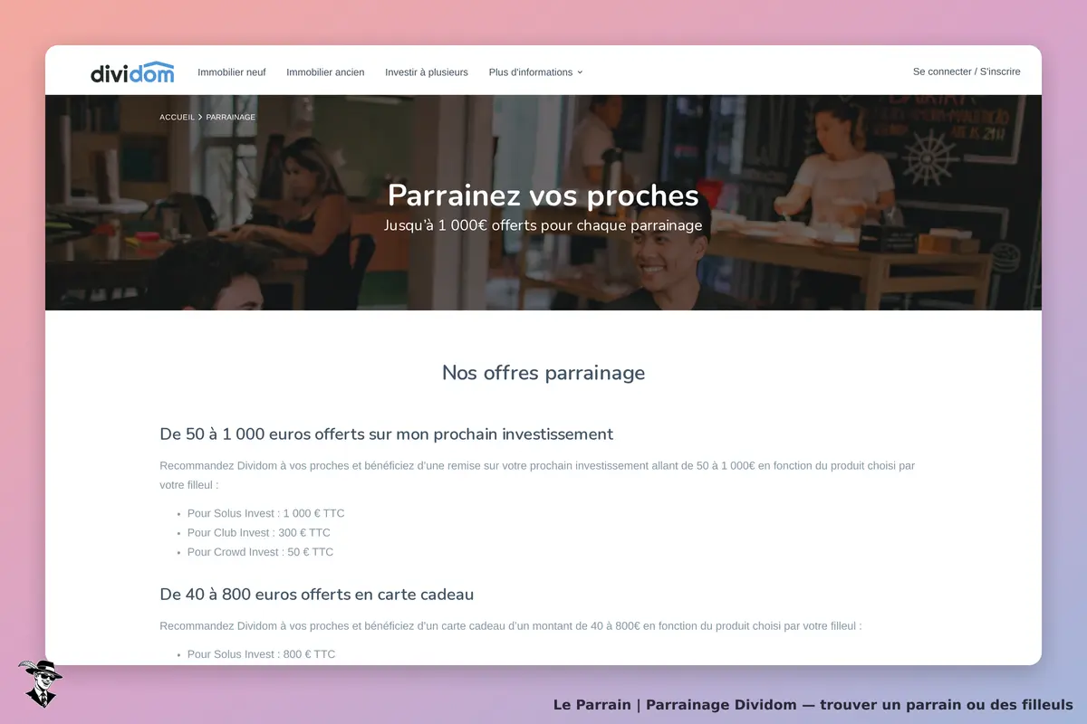 Dividom : page d'accueil avec section parrainage et informations sur les offres