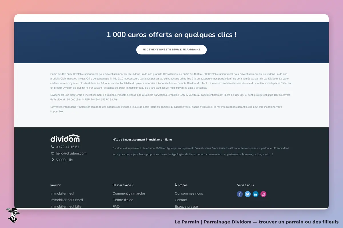 Dividom : page d'accueil avec informations sur l'investissement immobilier et contact