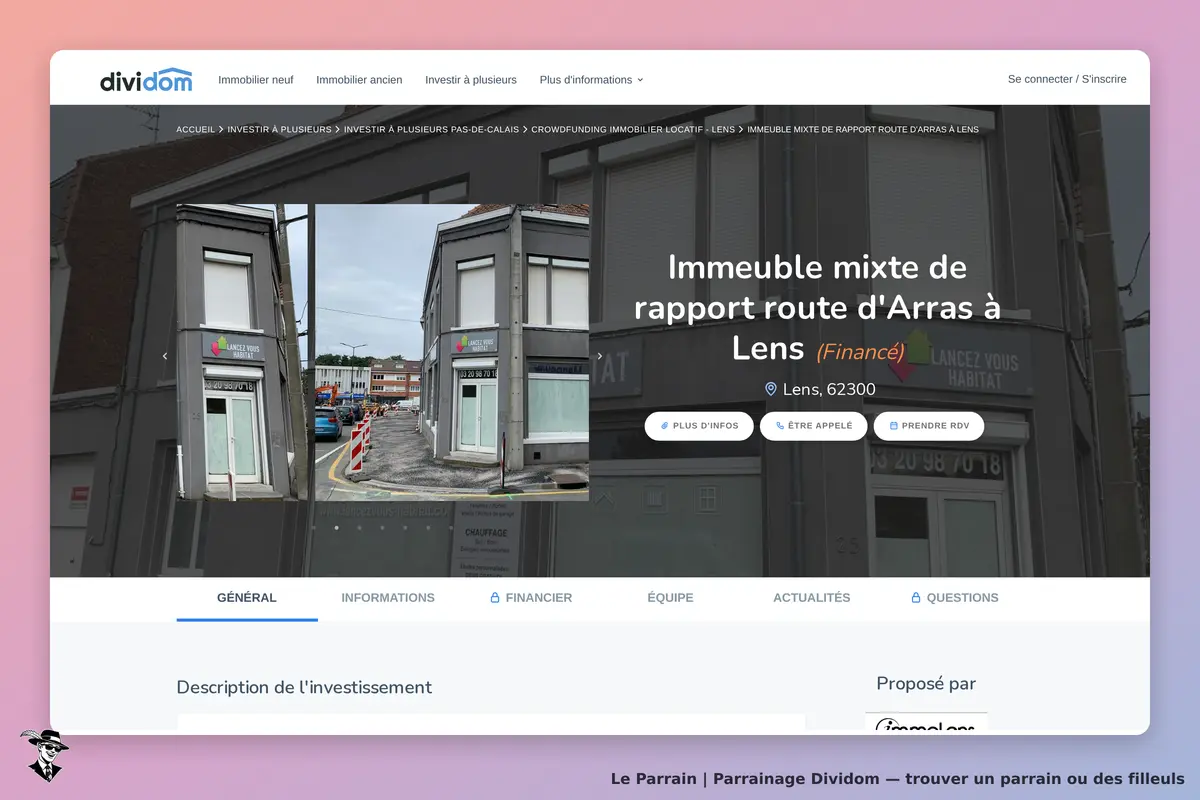 Dividom : immeuble mixte à Lens avec informations sur l'investissement et contact visible