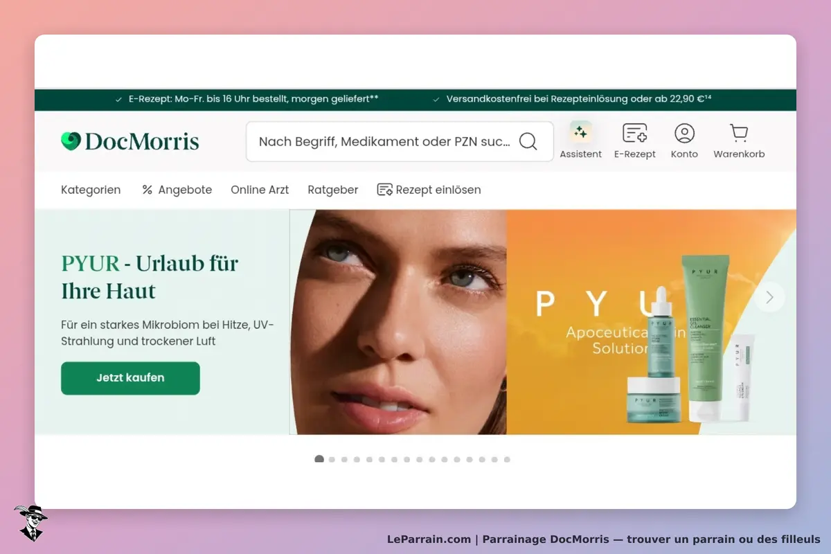 DocMorris : page d'accueil avec produits de soin pour la peau et image d'une femme souriante