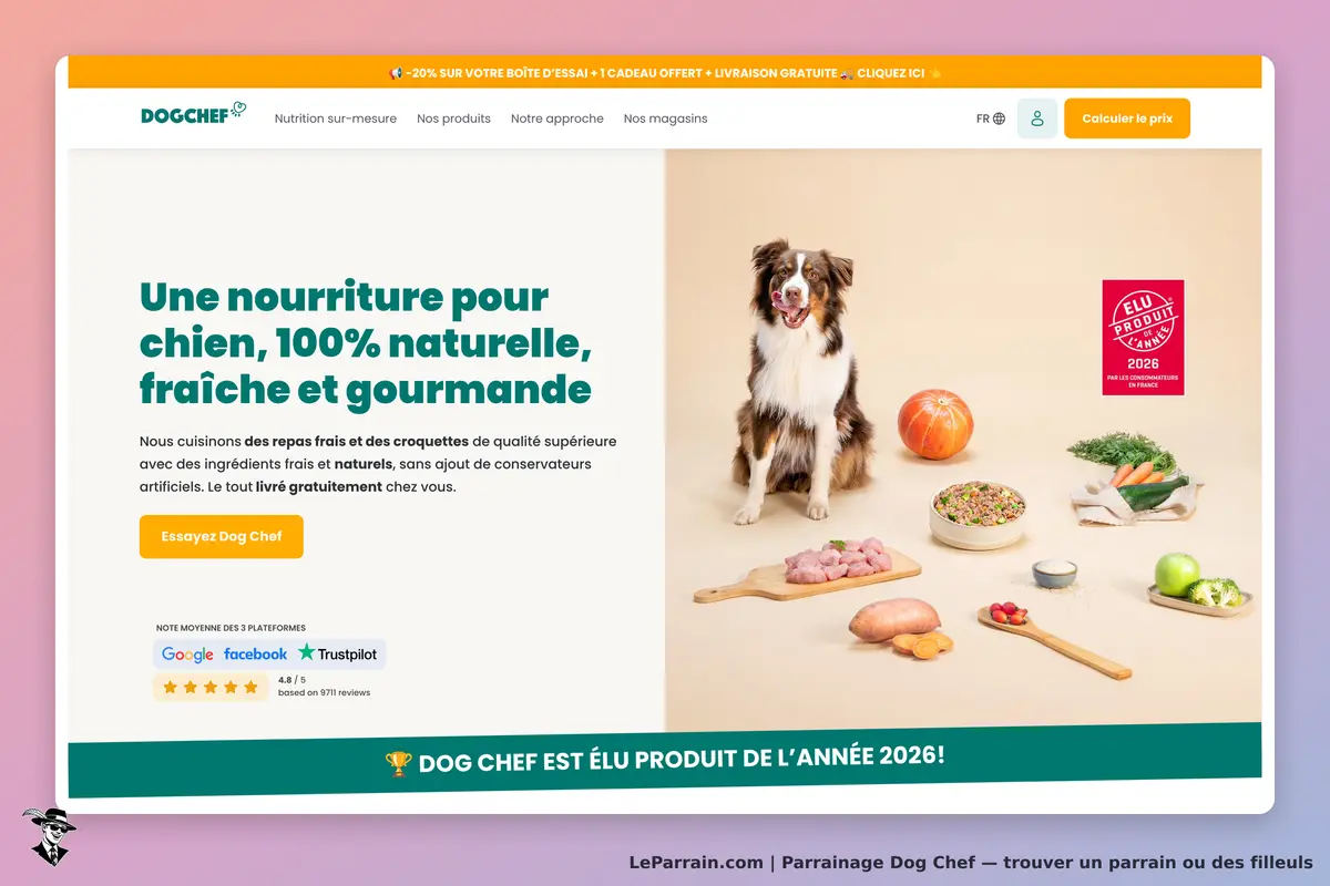 Dog Chef : page d'accueil avec un chien et divers ingrédients frais pour repas canins