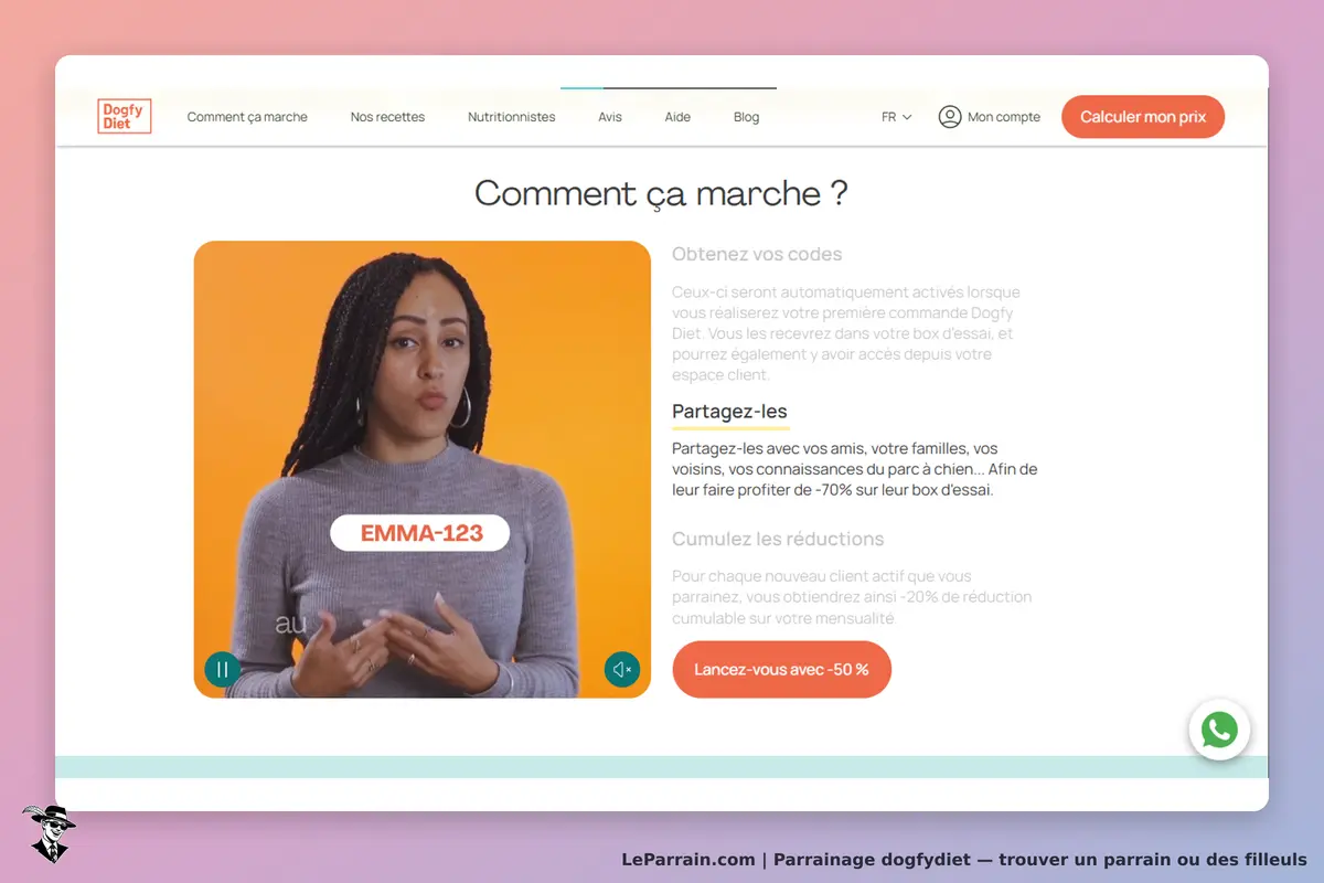 dogfydiet : dogfy Diet : page d'accueil avec une vidéo d'une femme expliquant le fonctionnement du
