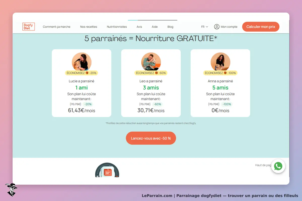 dogfydiet : dogfy Diet : page d'accueil avec trois parrainages et un bouton pour calculer le prix