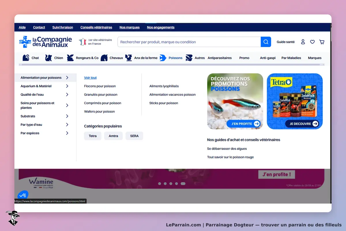 Dogteur : page d'accueil avec menu et promotions pour l'alimentation des poissons