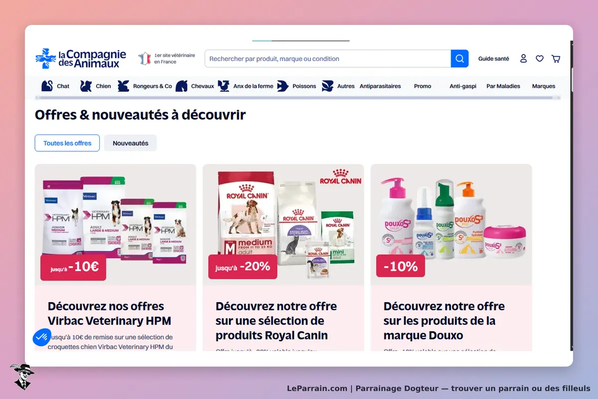 Dogteur : page d'accueil présentant des offres de produits pour animaux et marques variées