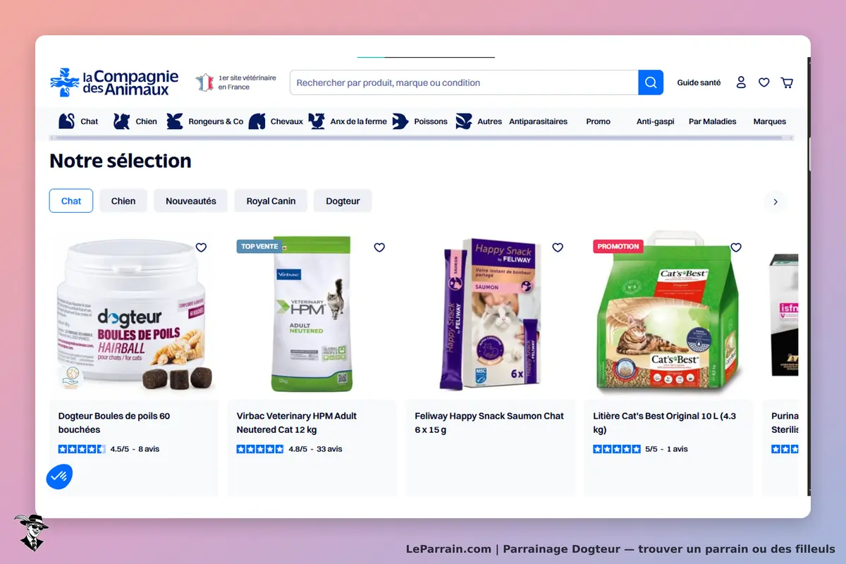 Dogteur : sélection de produits pour chats avec images et notes des utilisateurs