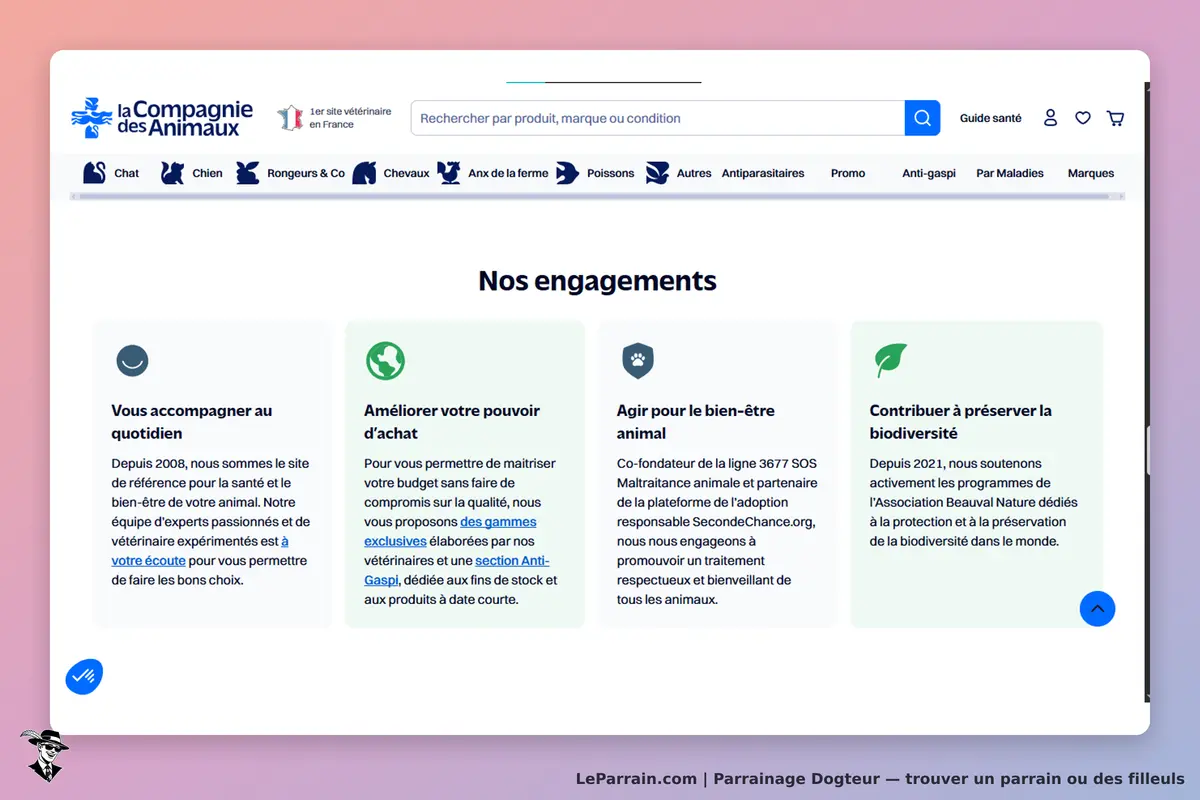 Dogteur : section "Nos engagements" avec quatre engagements affichés sur fond clair
