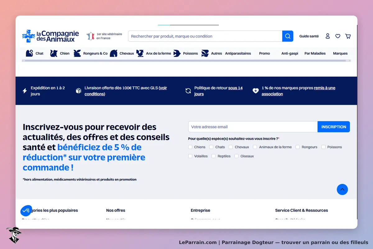 Dogteur : page d'accueil avec formulaire d'inscription et options pour différentes espèces animales