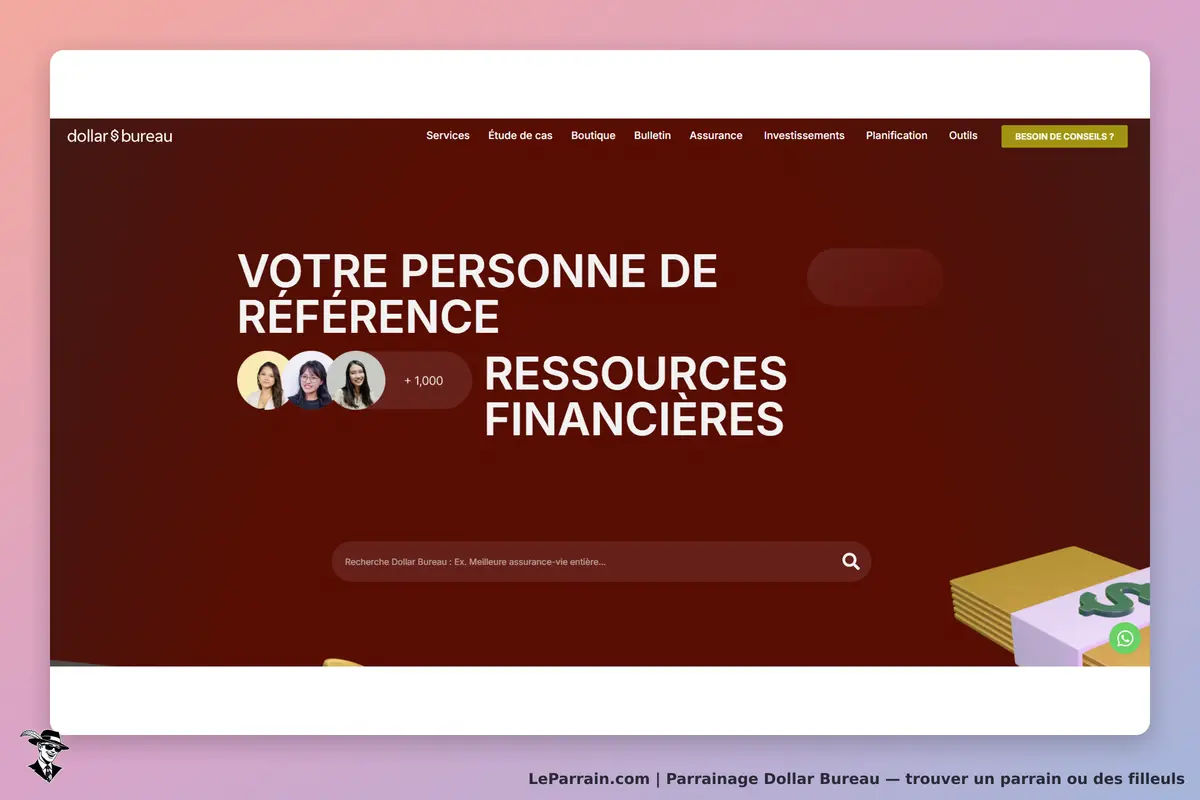 Dollar Bureau : page d'accueil avec texte sur les ressources financières et images de personnes
