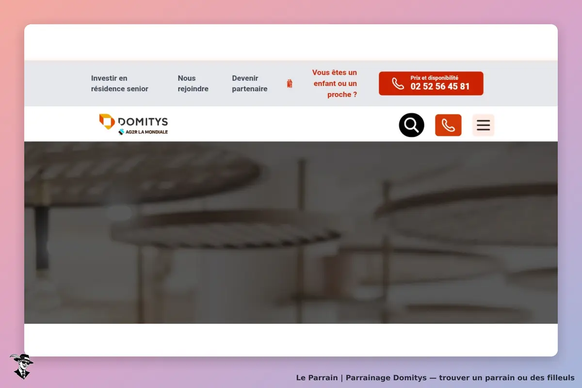 Domitys : page d'accueil avec menu et options de contact en haut de l'écran