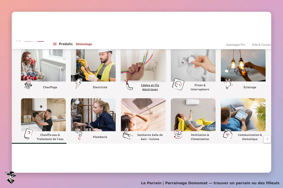 Domomat : page d'accueil avec catégories de produits en déstockage et images associées
