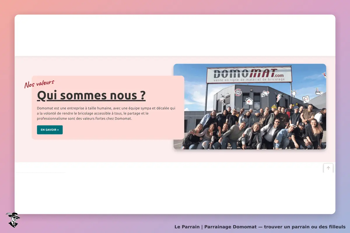 Domomat : présentation de l'équipe et valeurs de l'entreprise sur la page d'accueil