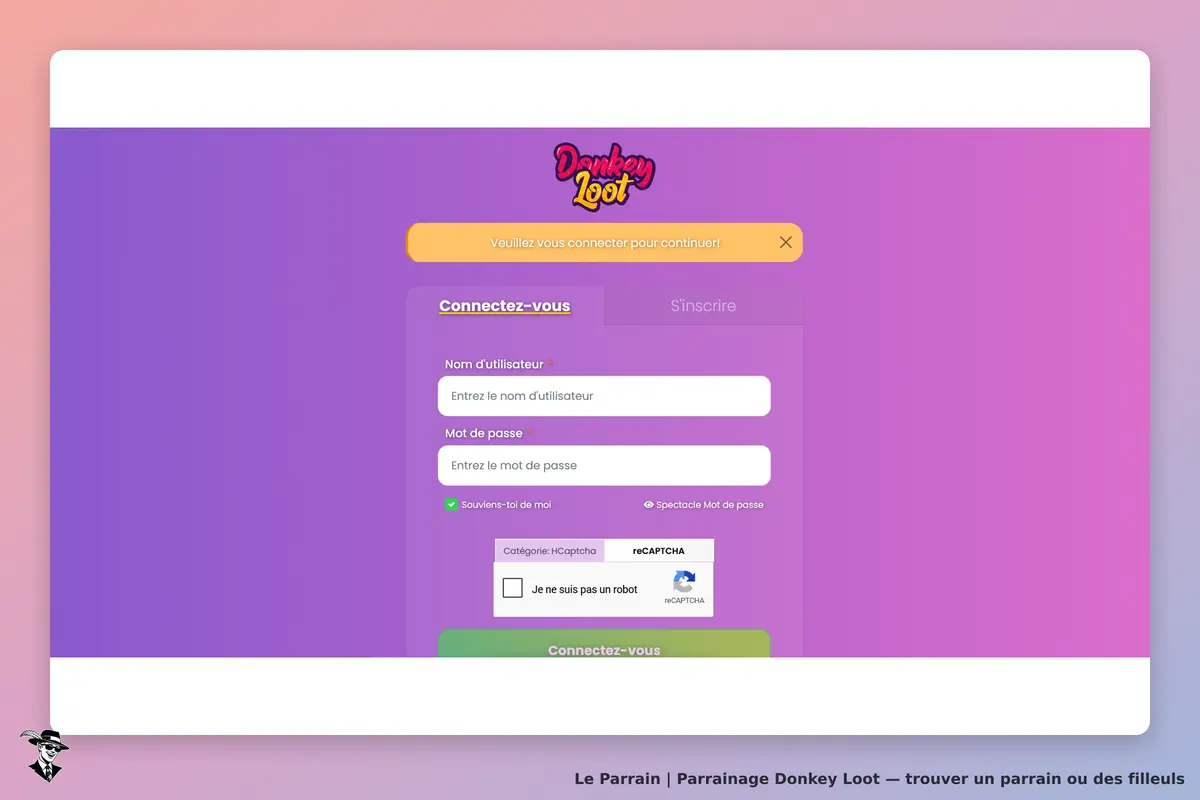 Donkey Loot : page de connexion avec formulaire pour nom d'utilisateur et mot de passe