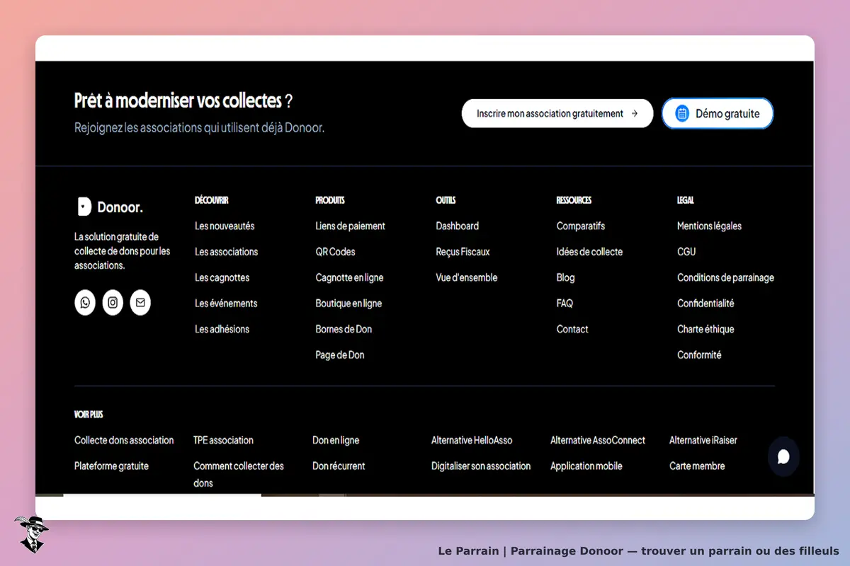 Donoor : page d'accueil avec menu de navigation et options pour associations