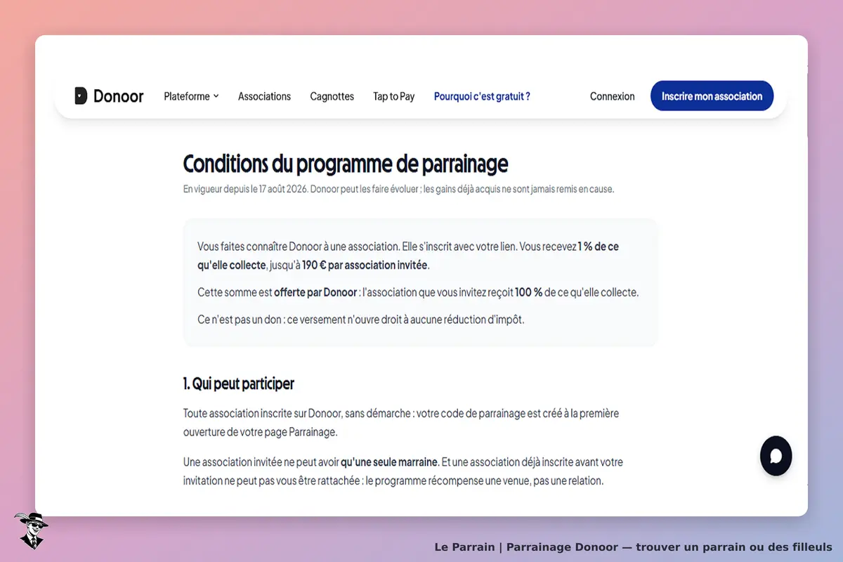 Donoor : conditions du programme de parrainage avec explications et sections visibles
