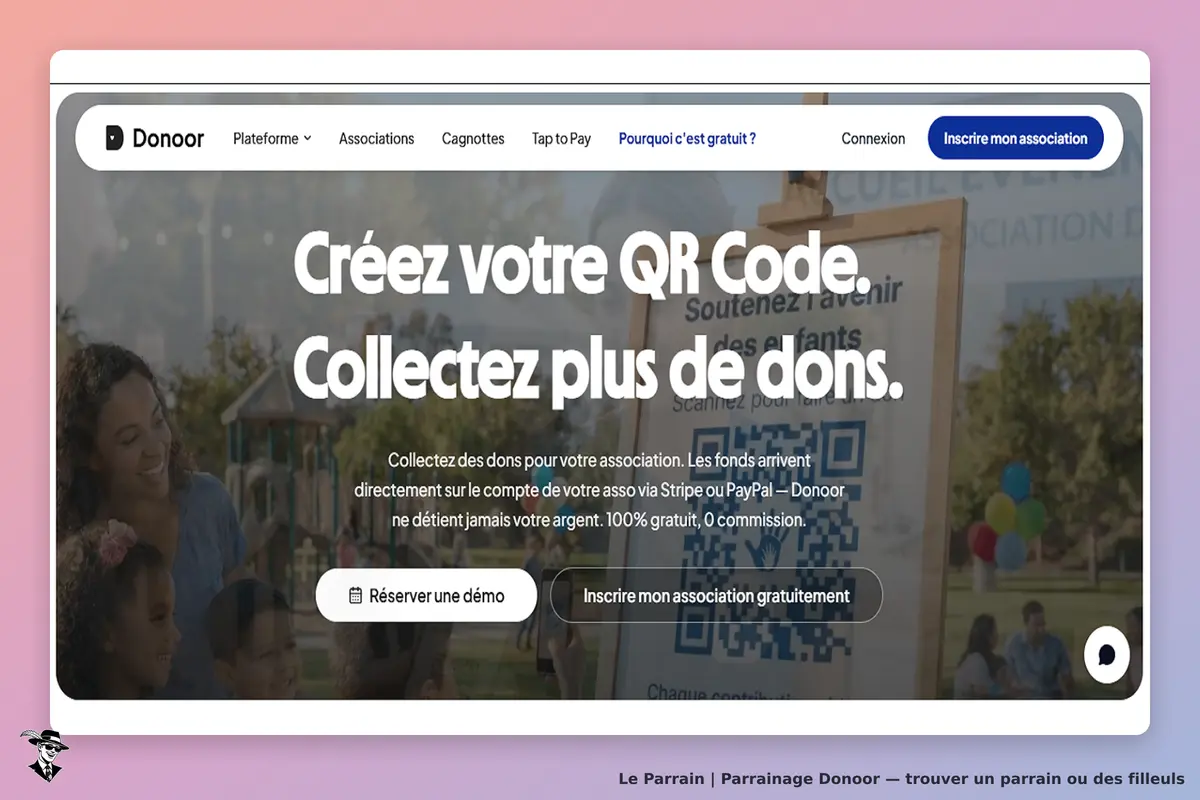 Donoor : page d'accueil avec un QR code et un message pour collecter des dons