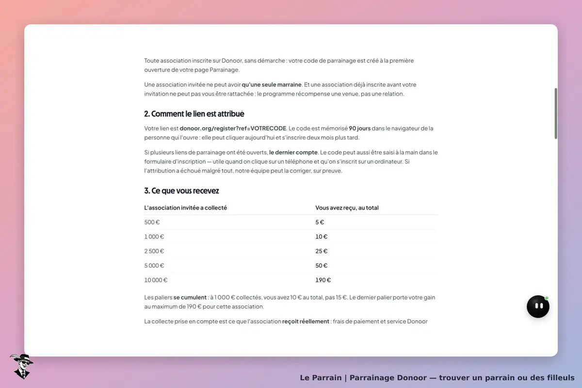 Conditions officielles Donoor : tableau des paliers de collecte nette et des récompenses totales, de 5 € à 190 € par association invitée.