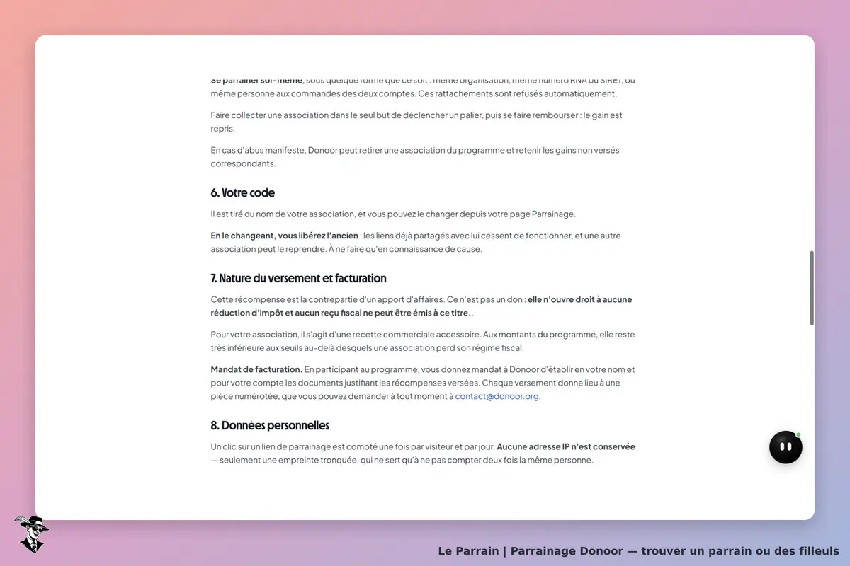 Conditions officielles Donoor : la section 7 décrit une contrepartie d’apport d’affaires et un mandat de facturation, sans don ni reçu fiscal.