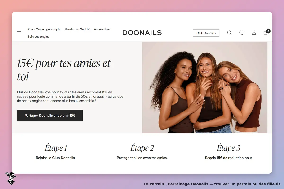 Doonails : page d'accueil avec trois femmes souriantes et un texte sur le parrainage